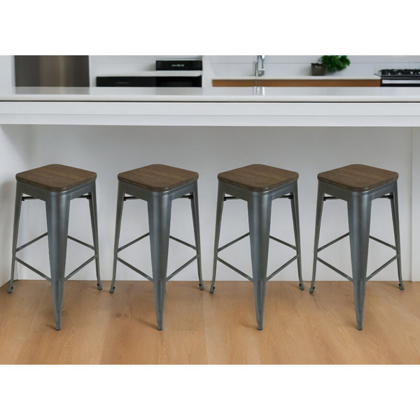 HomeRoots Set of Four 30" Brown And Gunmetal Steel Backless Bar Height